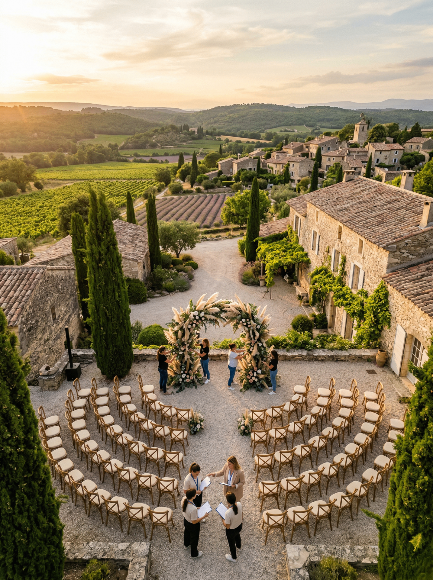 Cérémonie de mariage en extérieur avec arche florale et disposition des invités en Provence
