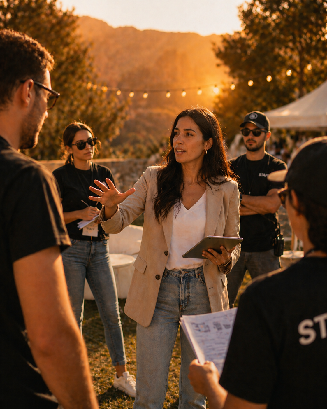 Chef de projet événementiel briefing son équipe lors de la préparation d’un événement en extérieur
