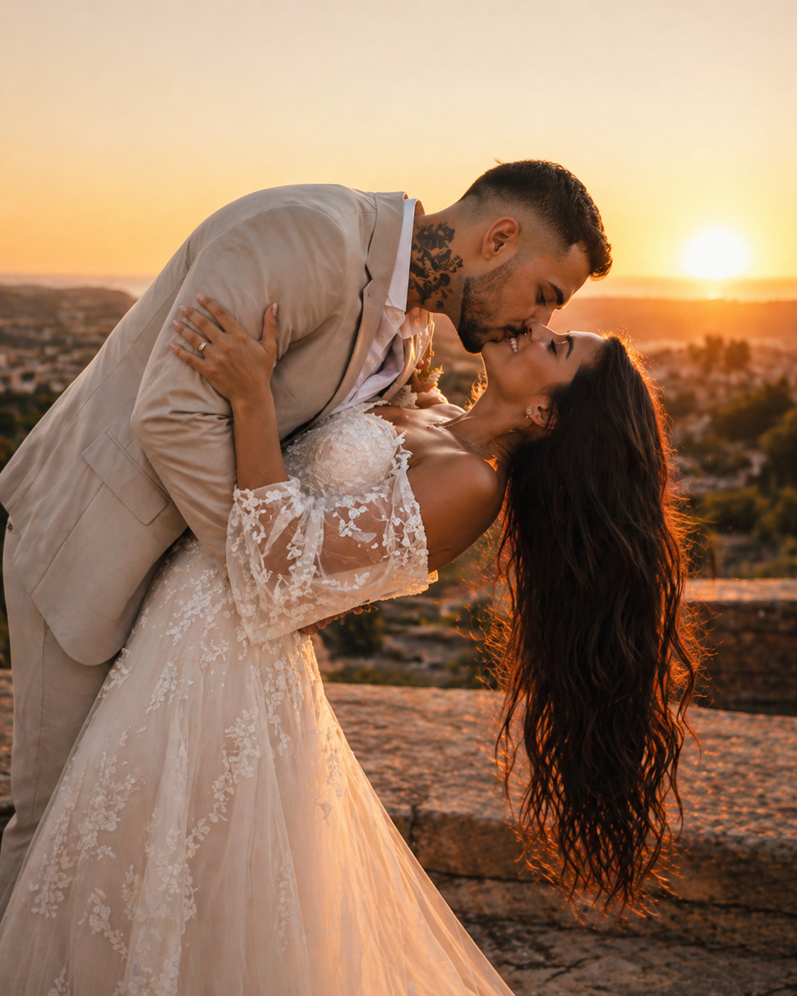 Couple de mariés s’embrassant au coucher du soleil lors d’un shooting de mariage romantique